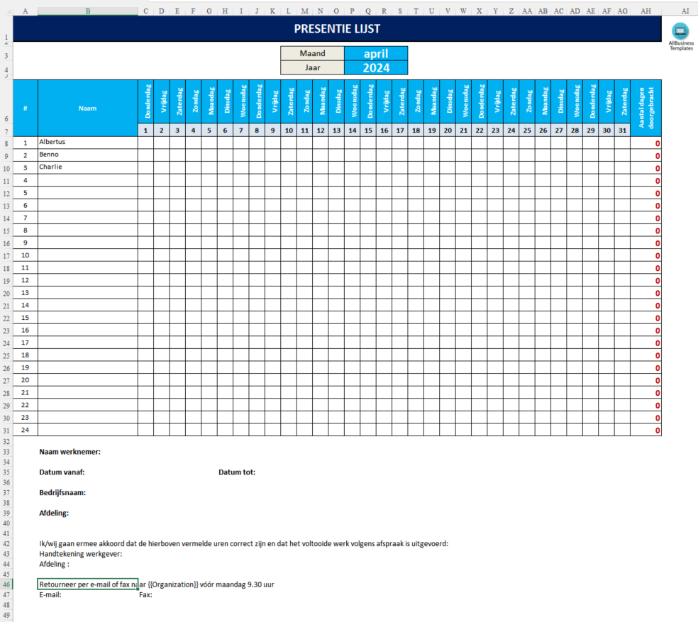 Maandelijkse Aanwezigheidsregistatie Templates At