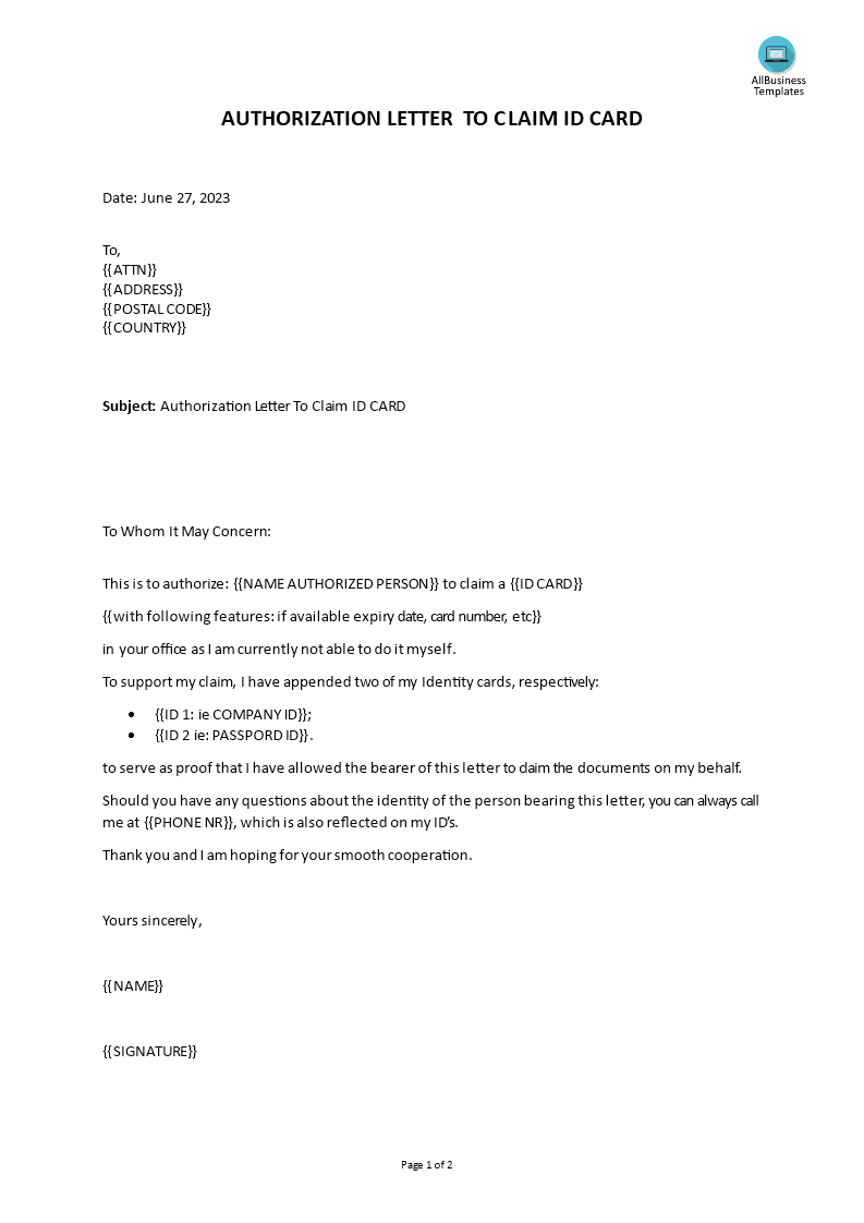 Libreng Authorization Letter To Claim ID Card