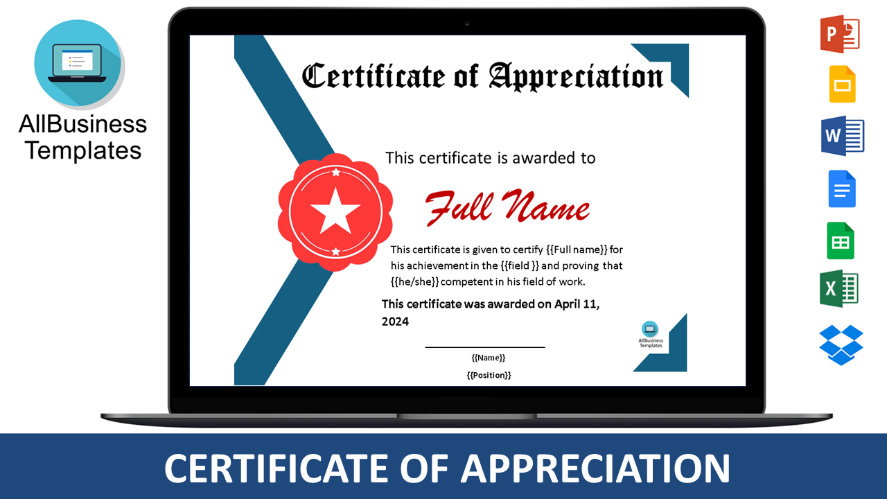 Free Editable Certificate of Appreciation template main image