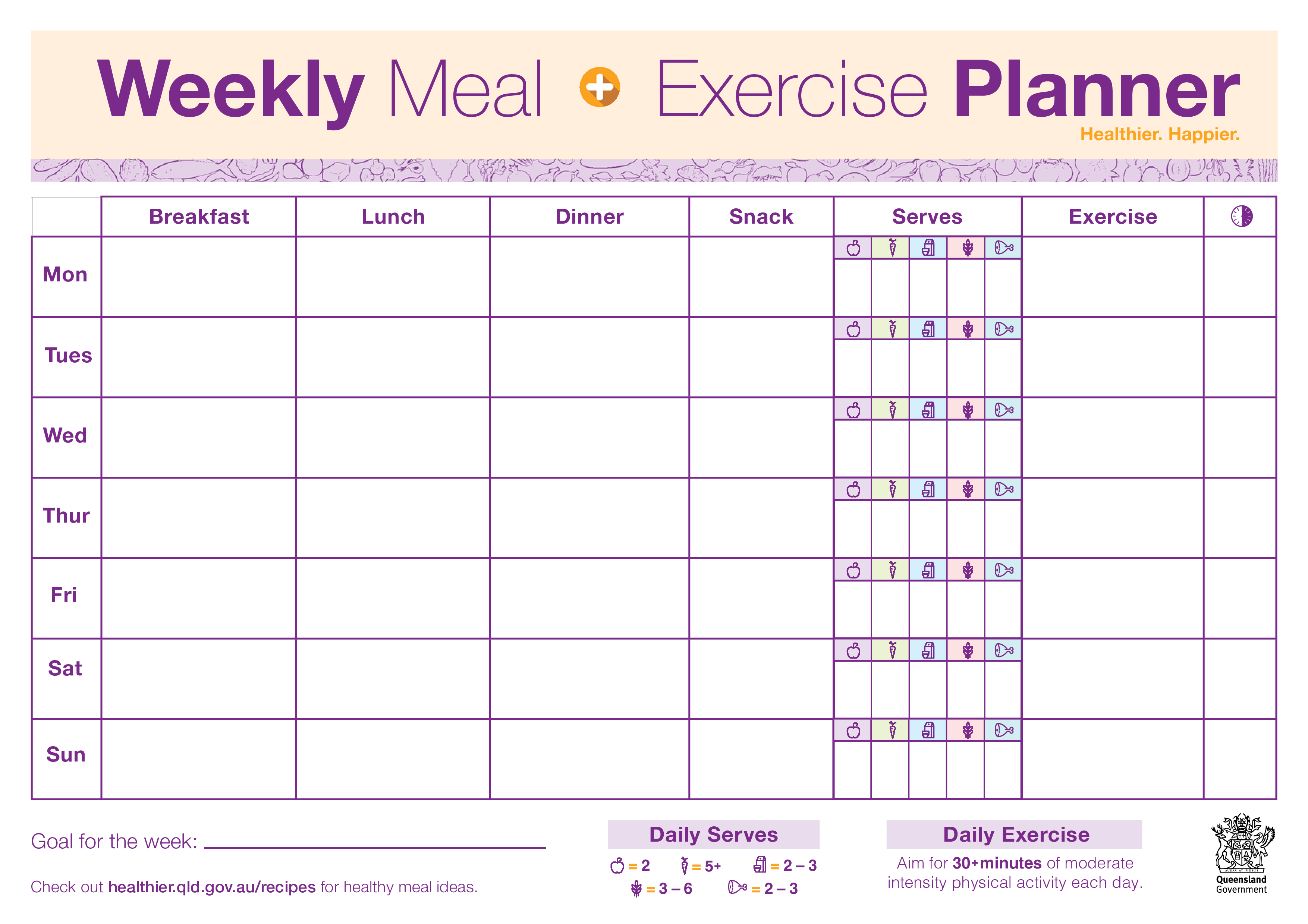 weekly meal exercise planner voorbeeld afbeelding 