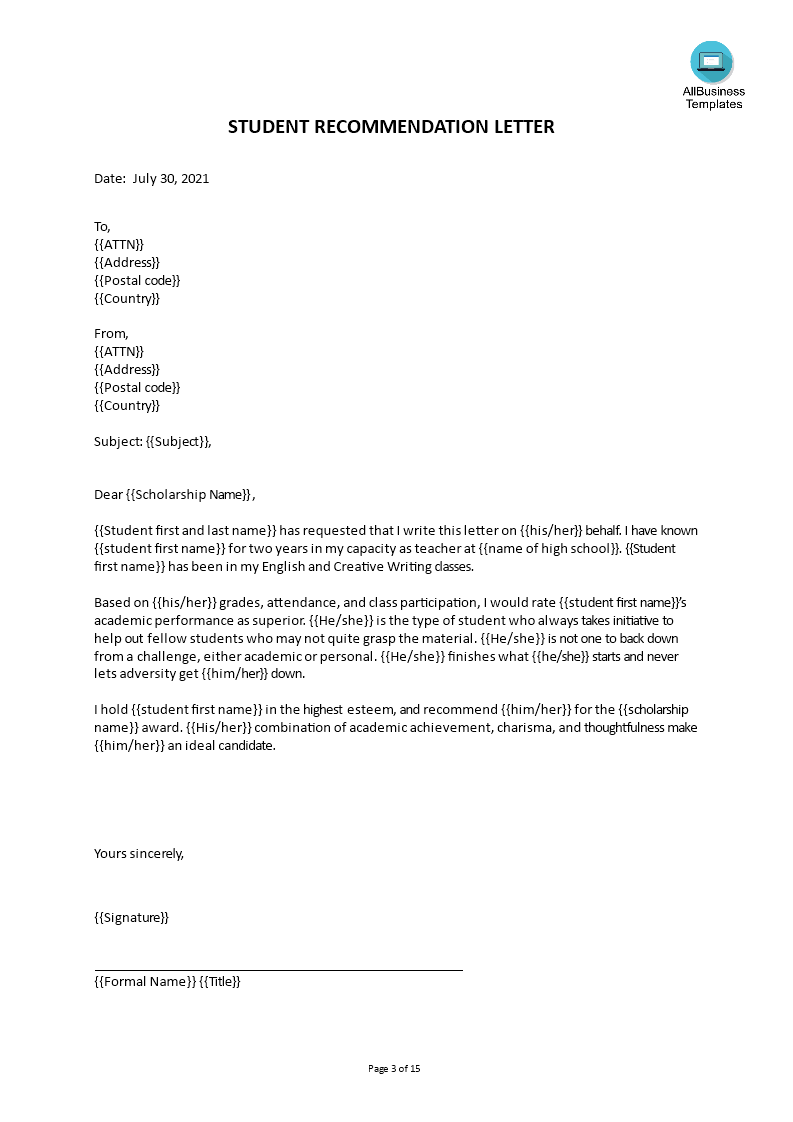 reference letter for student plantilla imagen principal