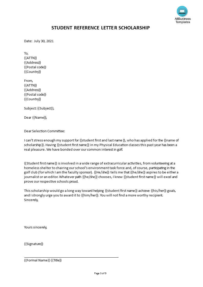 recommendation letter for scholarship by school teacher template