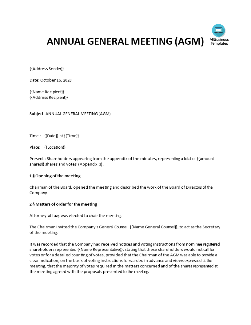 Annual General Meeting Minutes Templates At Allbusinesstemplates