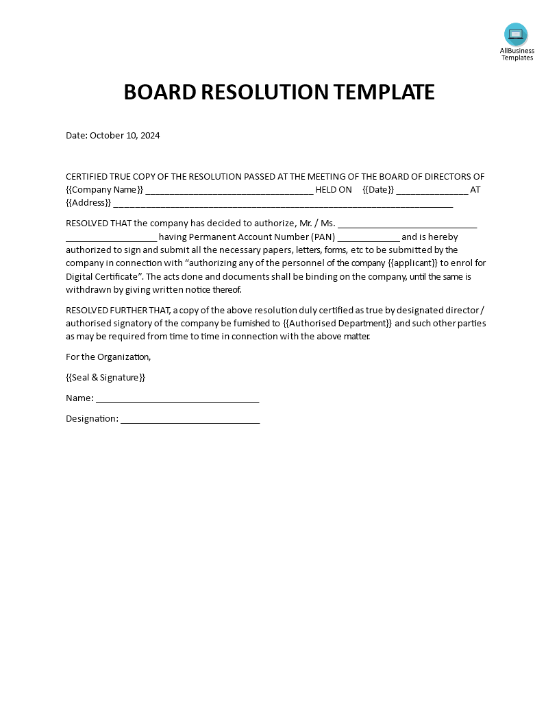 Board Resolution Template Templates At Allbusinesstemplates