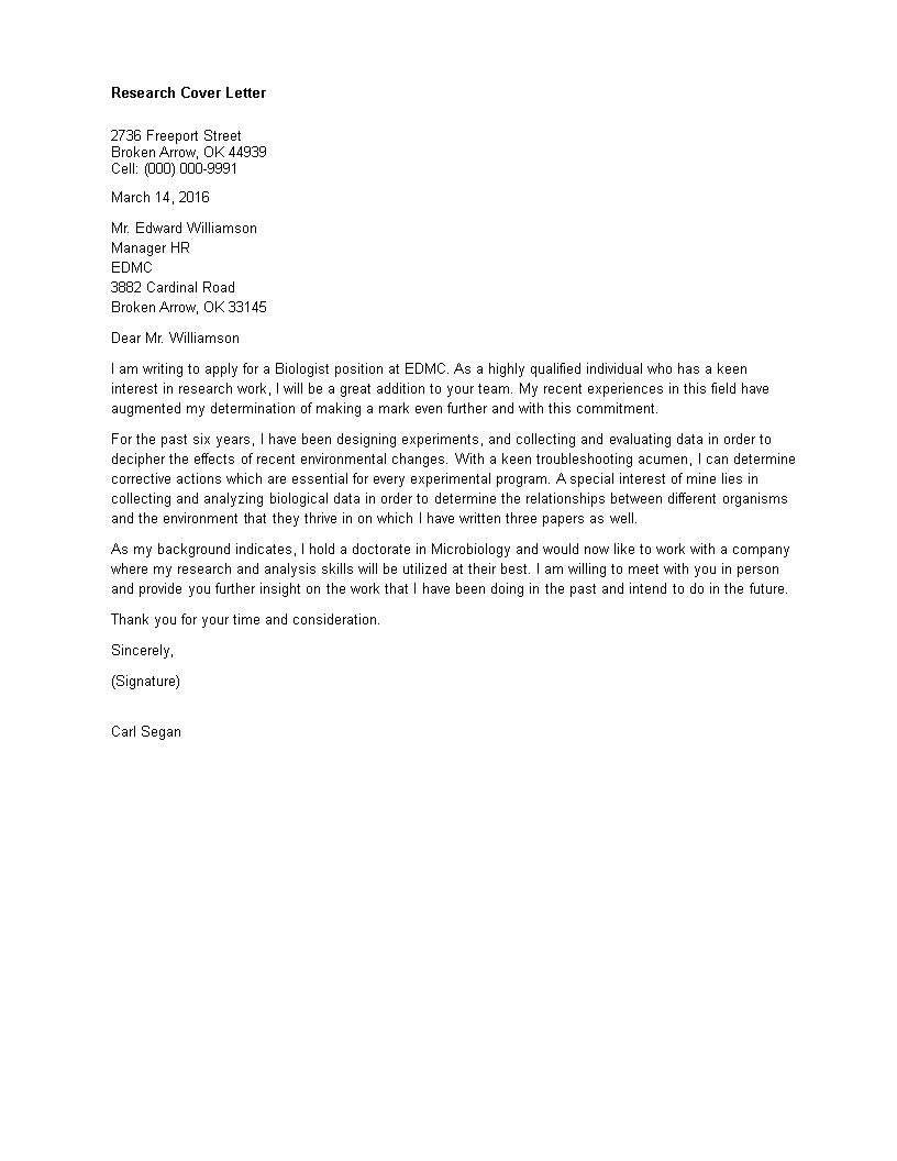 Research Cover Letter Allbusinesstemplates