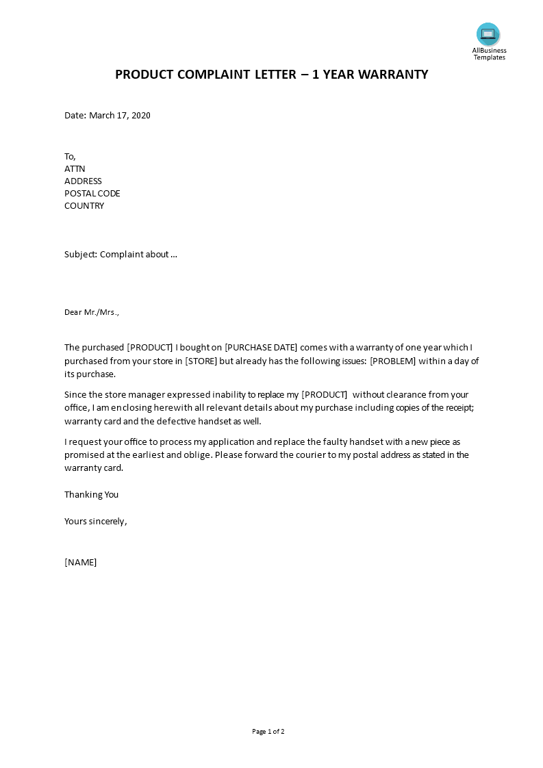 complaint sample letter faulty product template