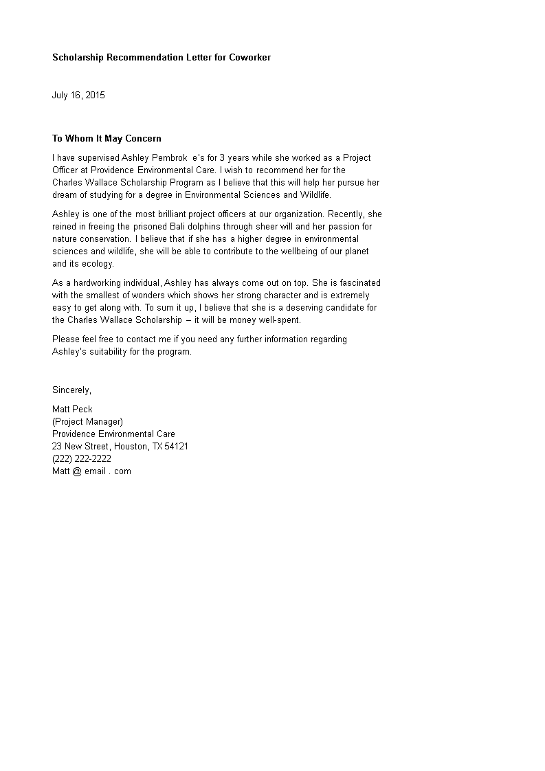 Scholarship Recommendation Letter For Coworker Gratis