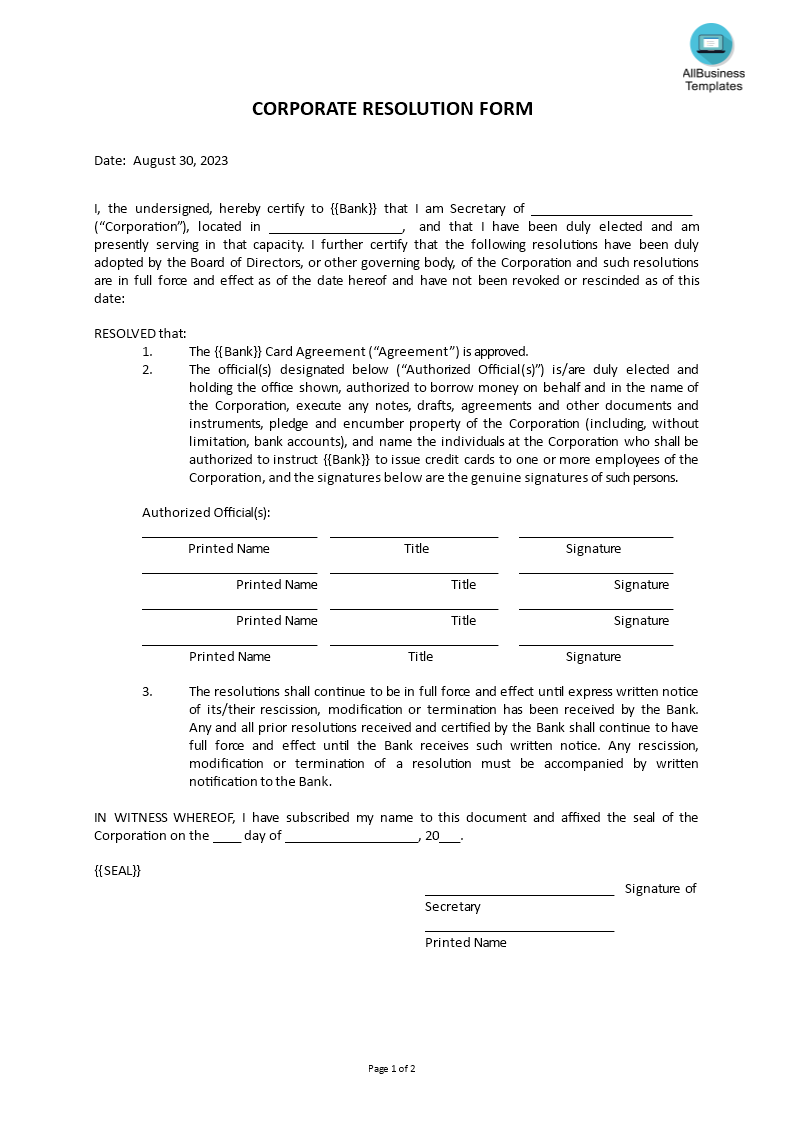 corporate resolution form template
