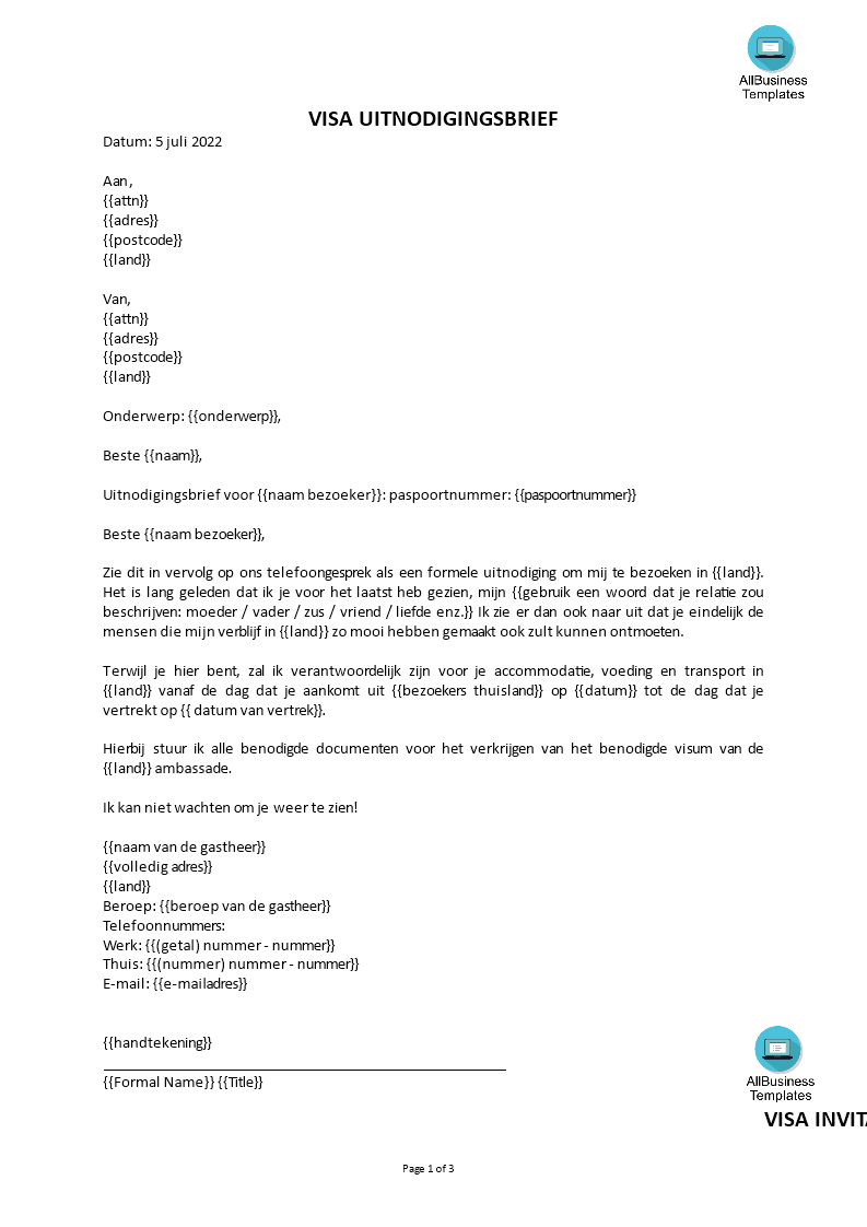 Kostenloses Visum Uitnodigingsbrief Template