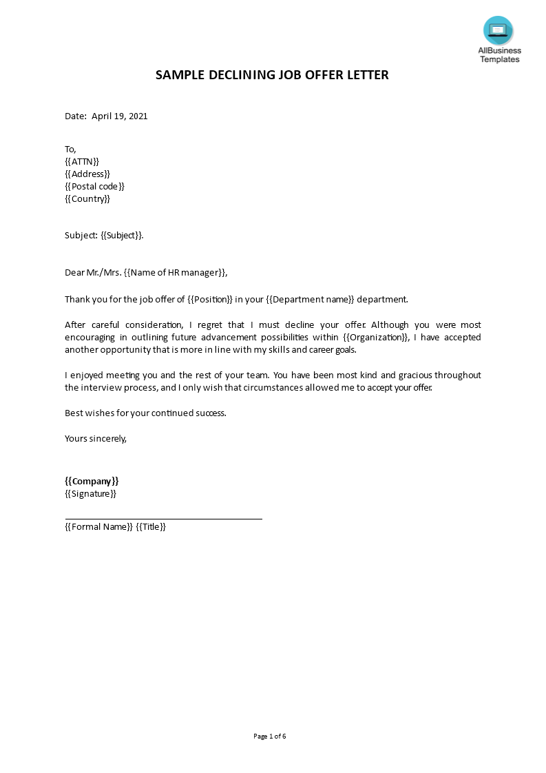 View More Sample Letter Declining A Job Offer Due To Relocation Sample Letter Of Declining A Job