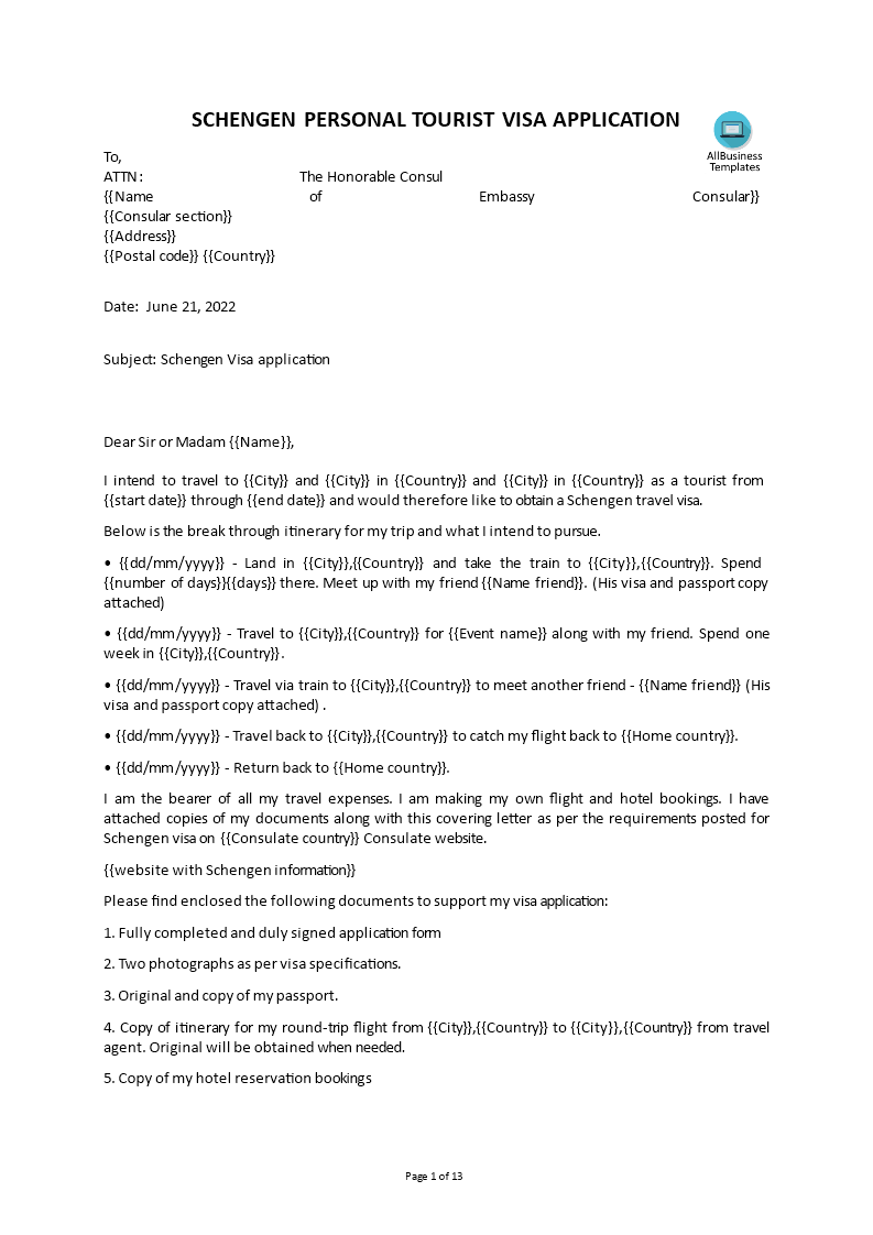 visa application cover letter pdf