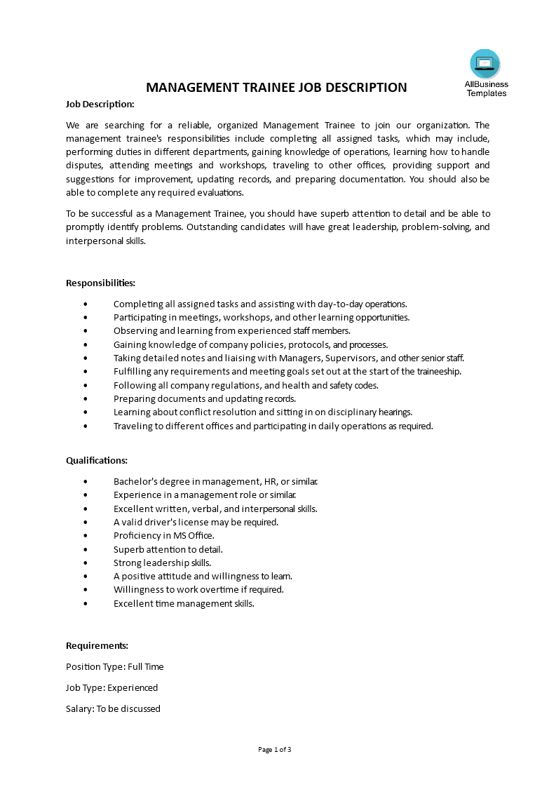 Kostenloses Management Trainee Job Description