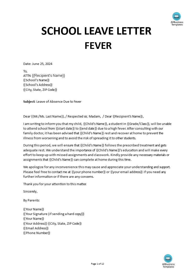 school leave letter due to fever template