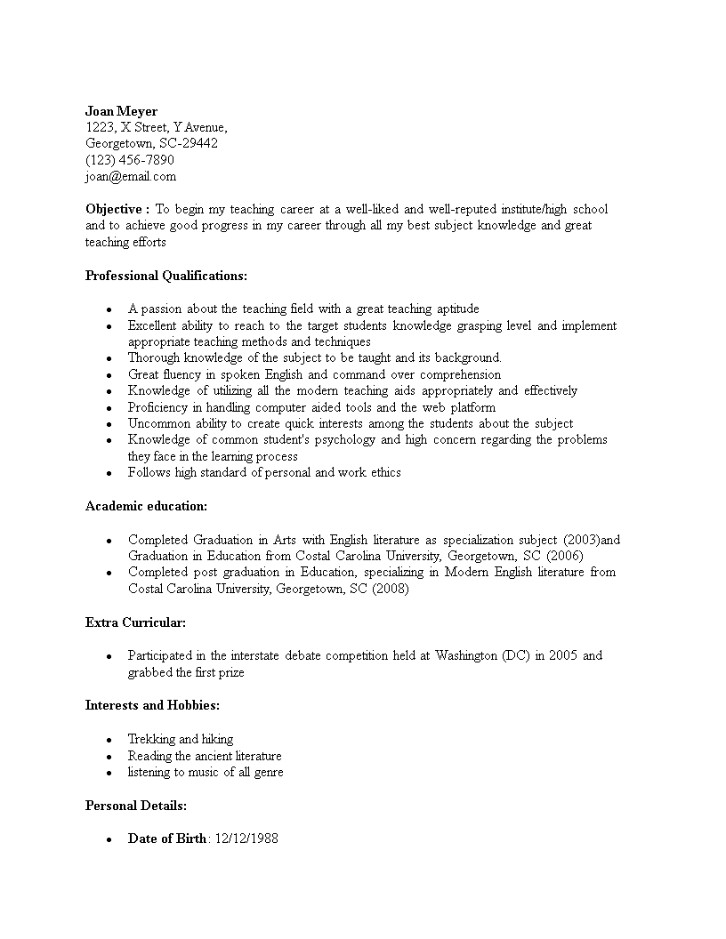 teacher resume templates free online download