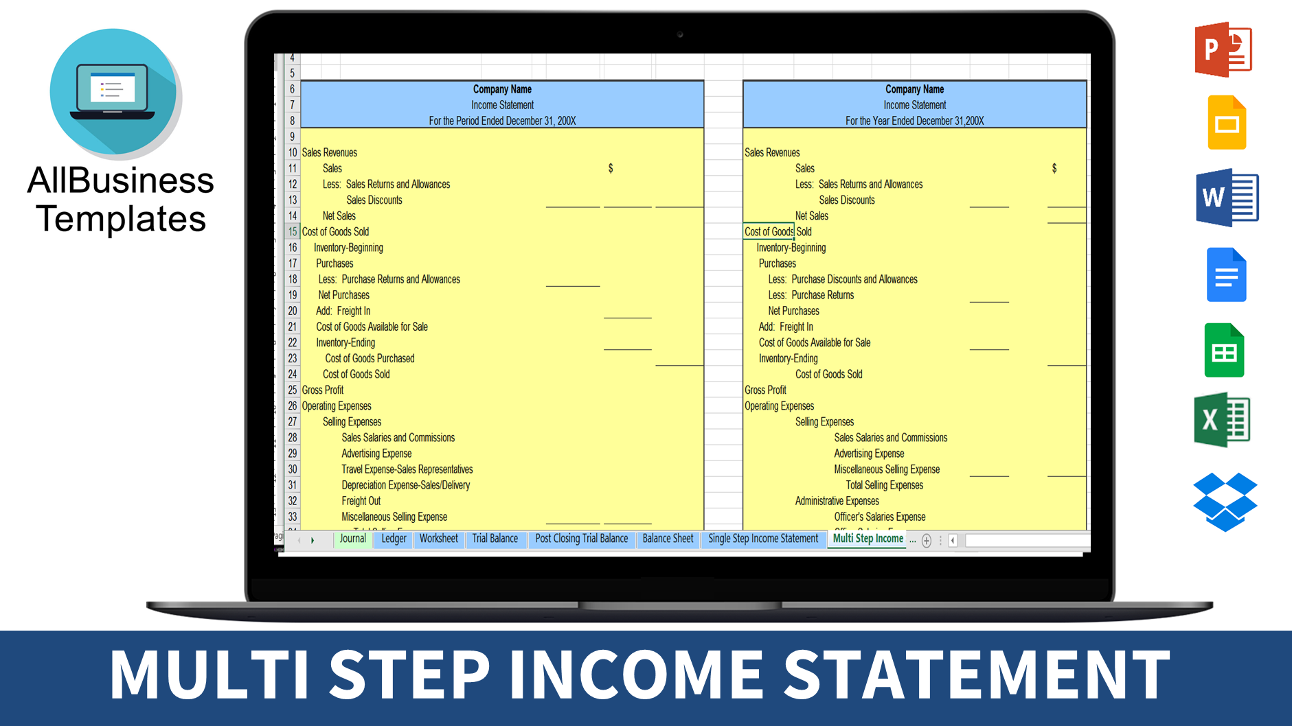 multi step income statement external reporting template