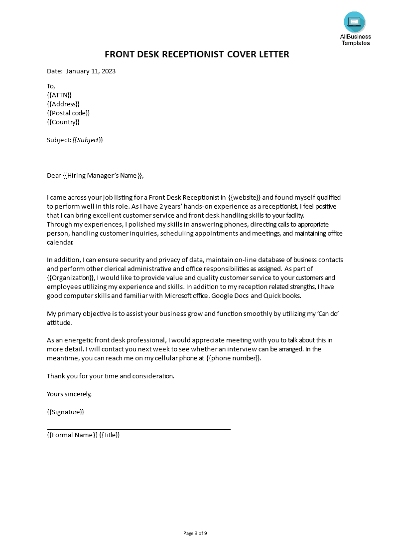 application letter to work as a receptionist