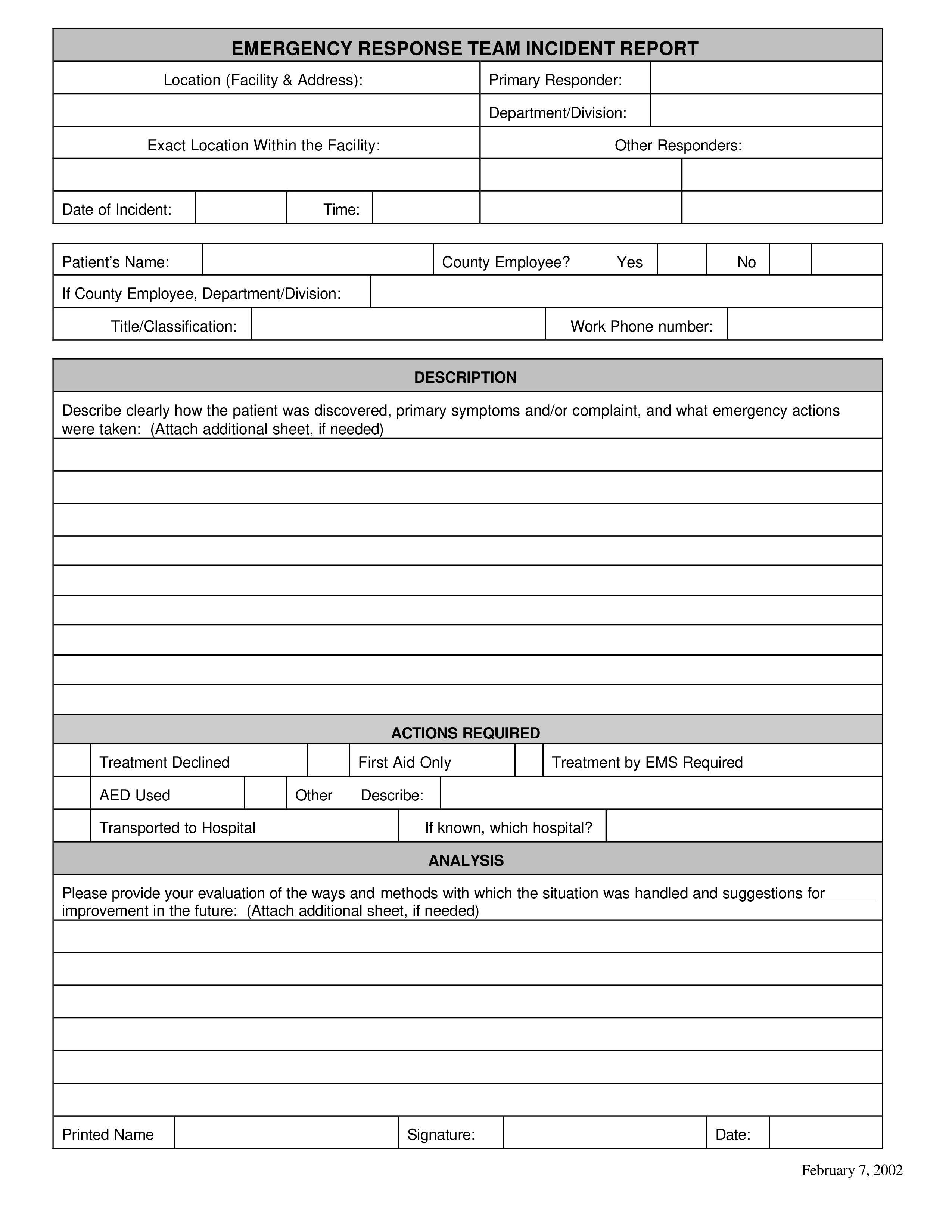 emergency response incident report example template