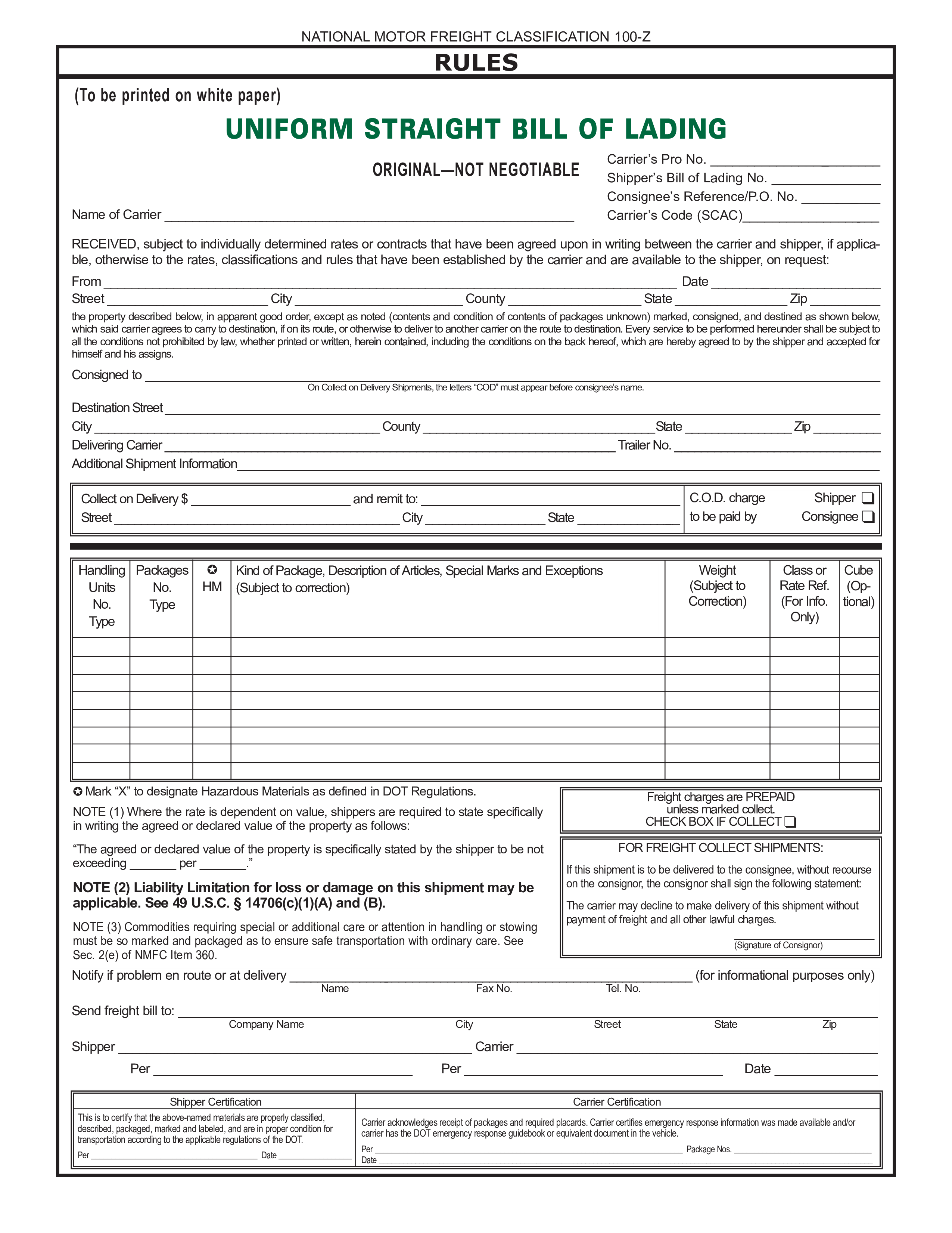 Uniform Straight Bill Of Lading Document 模板