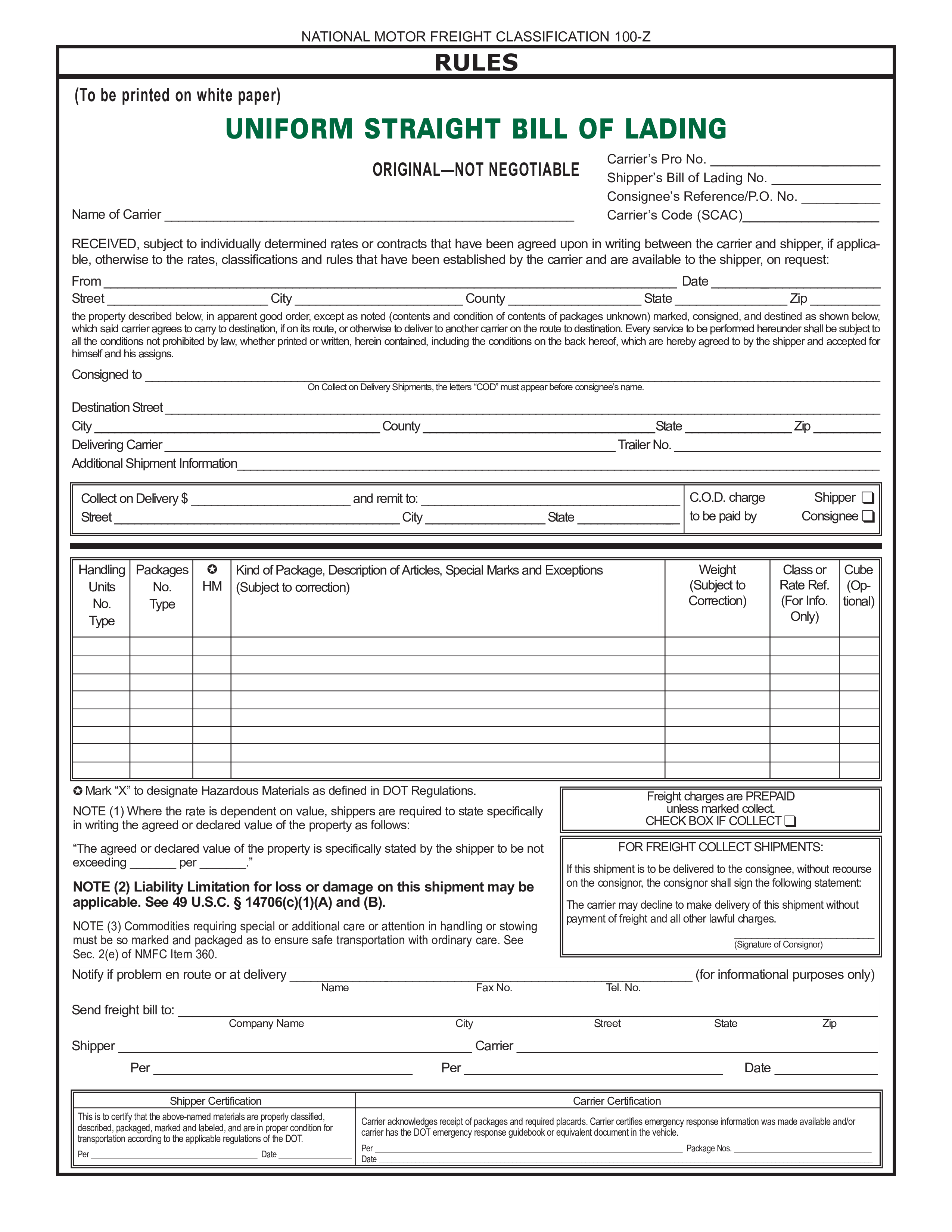 Uniform Straight Bill Of Lading Document Templates At Allbusinesstemplates