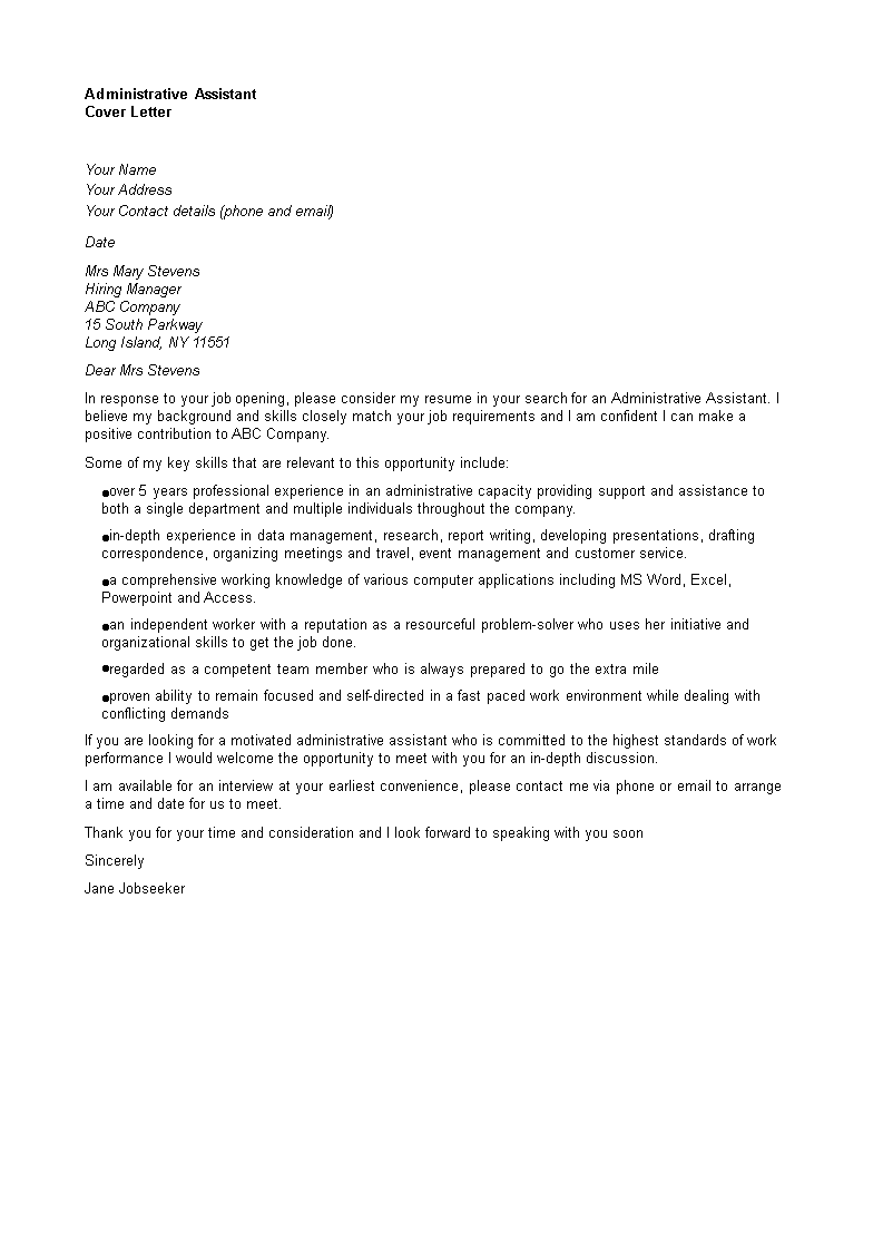 administrator application letter example