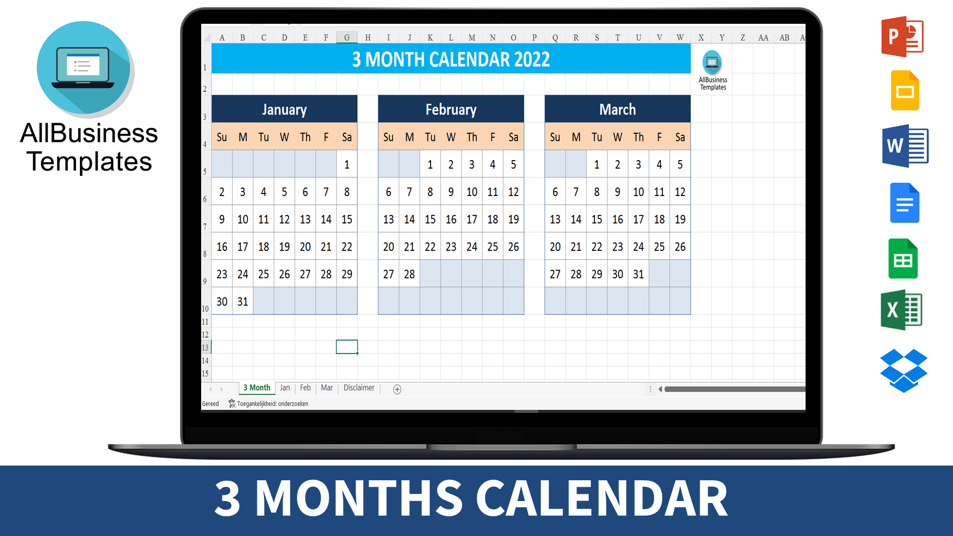calendar 2022 (3 months) Hauptschablonenbild