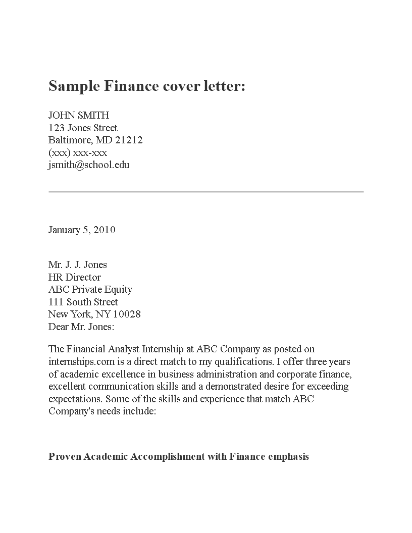 cover letter for internship finance