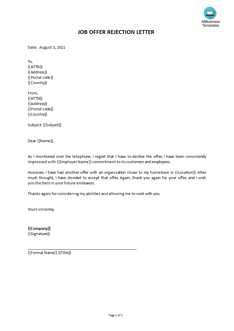 Job Offer Rejection Letter | Templates at allbusinesstemplates.com