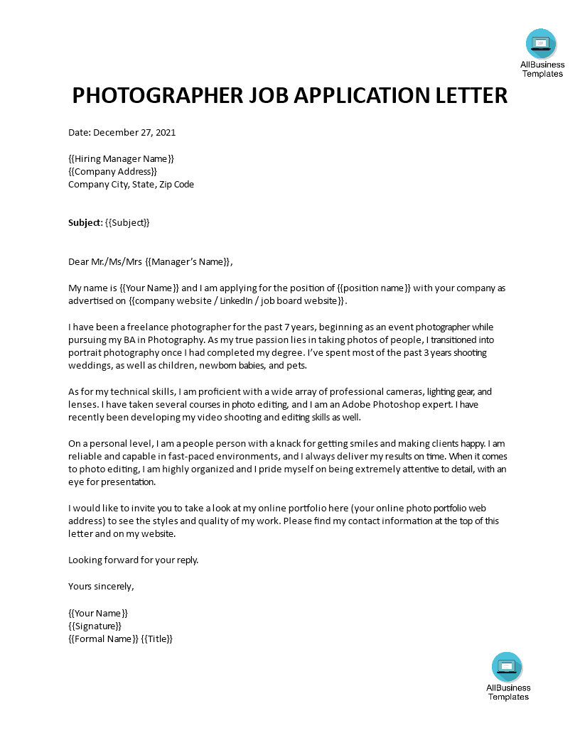 photographer job application letter