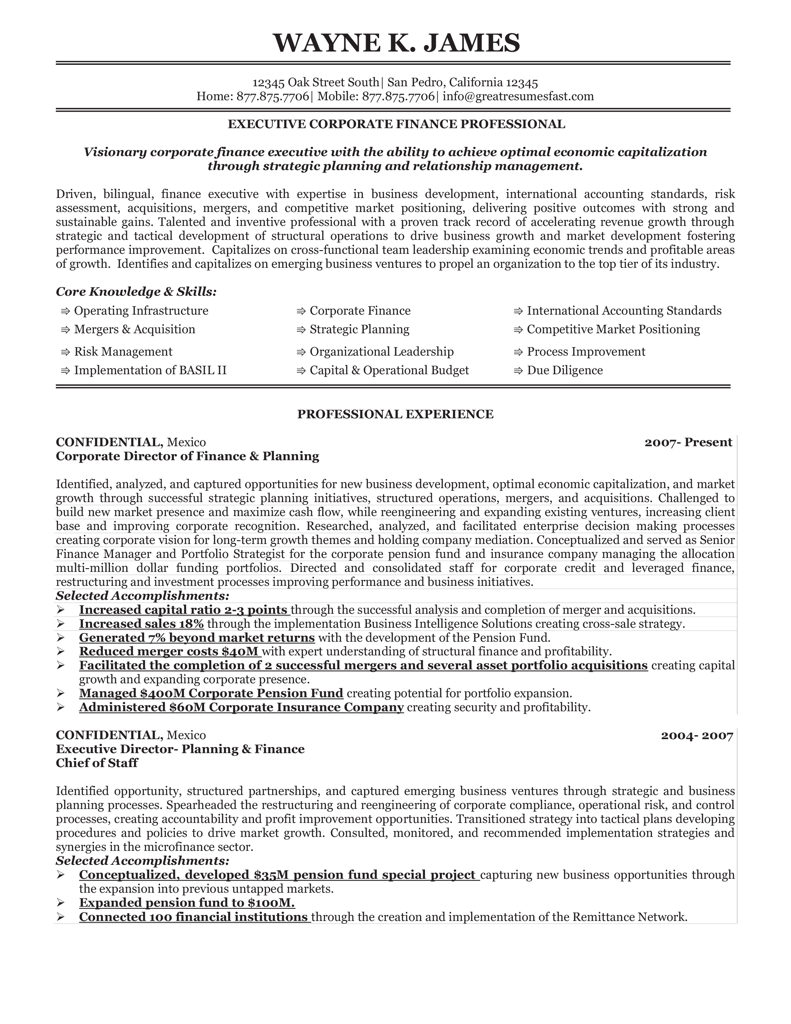 Corporate Finance Executive Resume Templates at