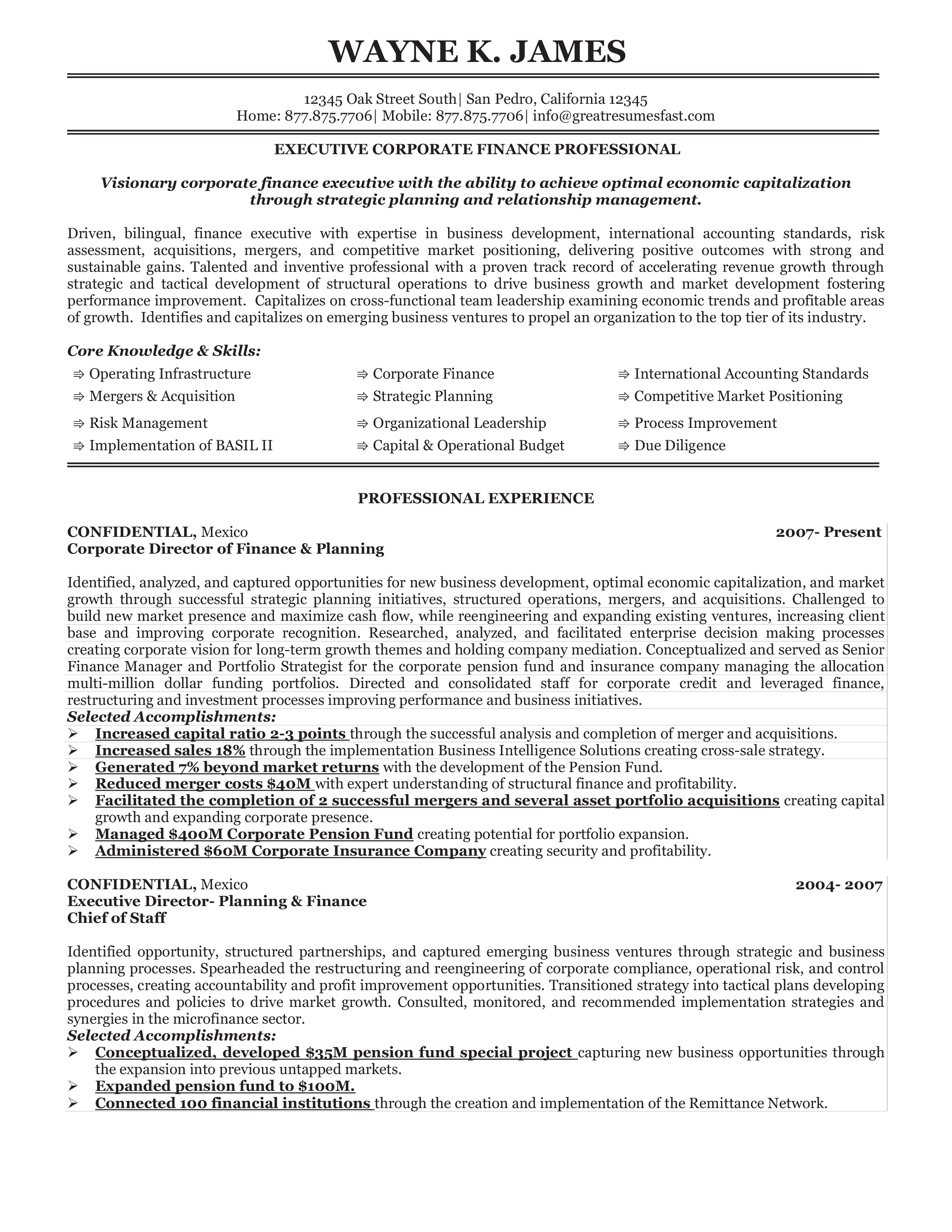 Corporate Finance Executive Resume Gratis