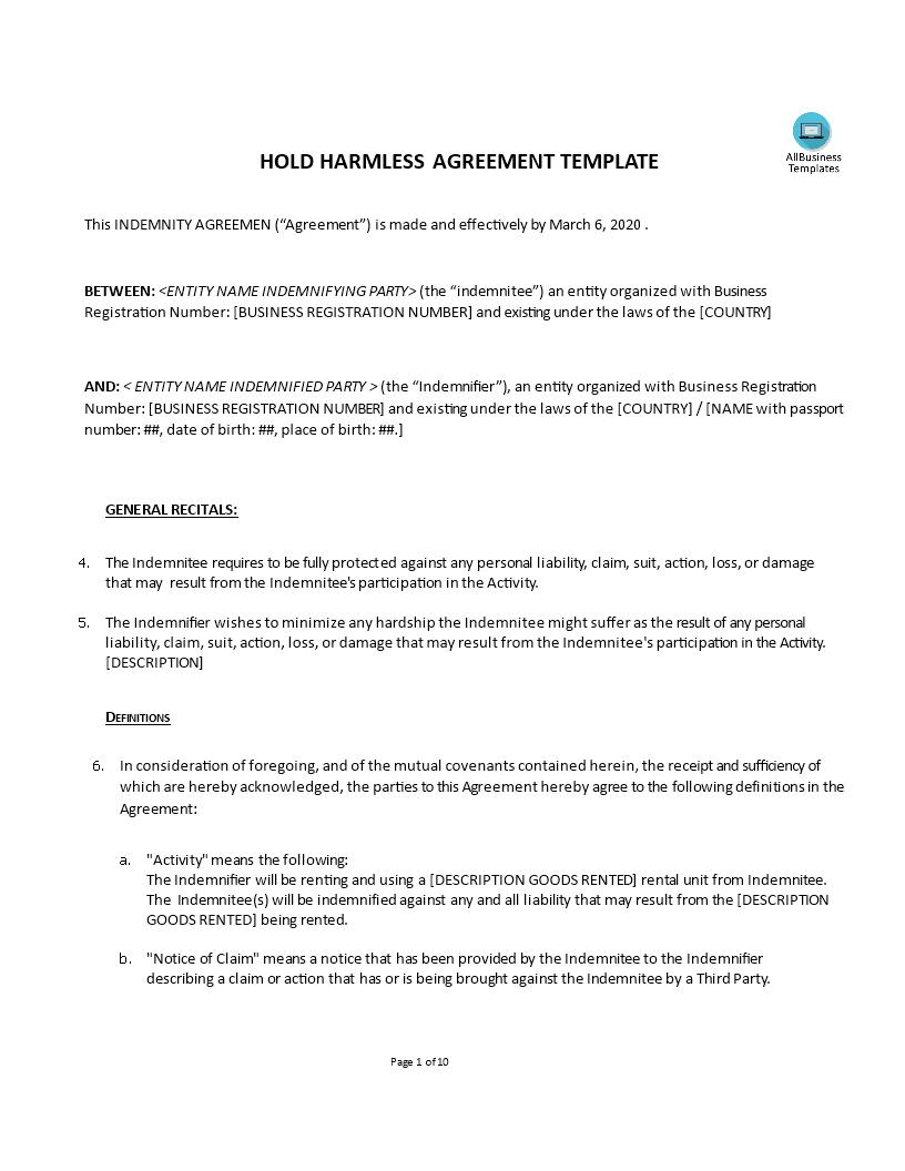 Hold Harmless Agreement Templates At Allbusinesstemplates