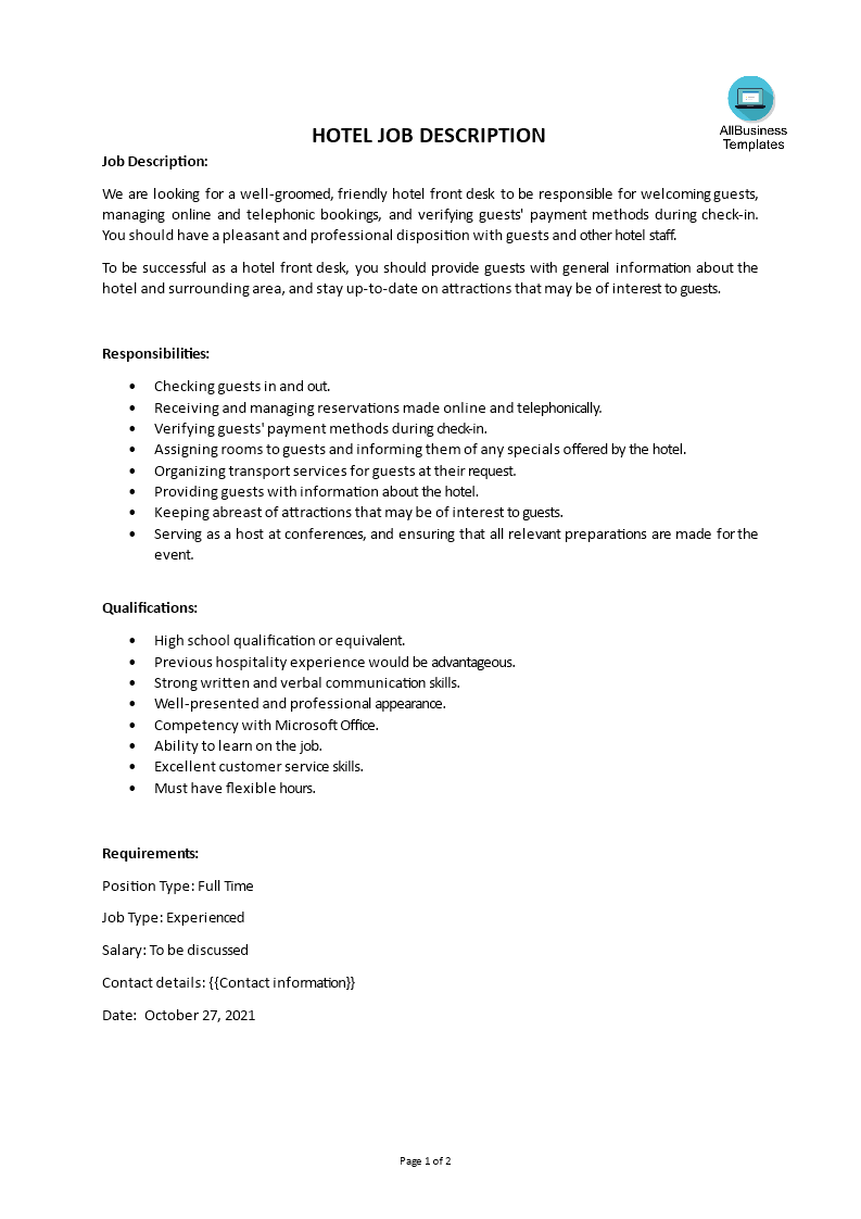 Libreng Hotel Job Description