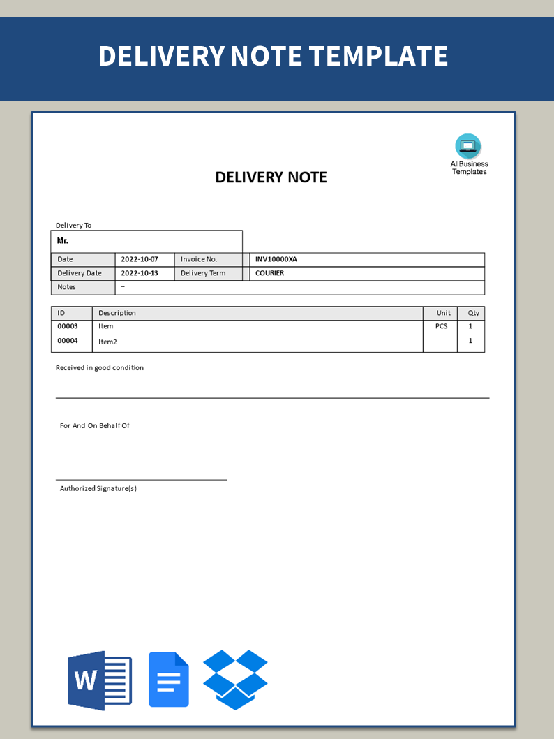Blank Delivery Note Template Gratis