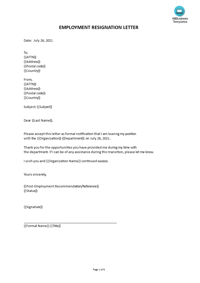 employee formal resignation letter template