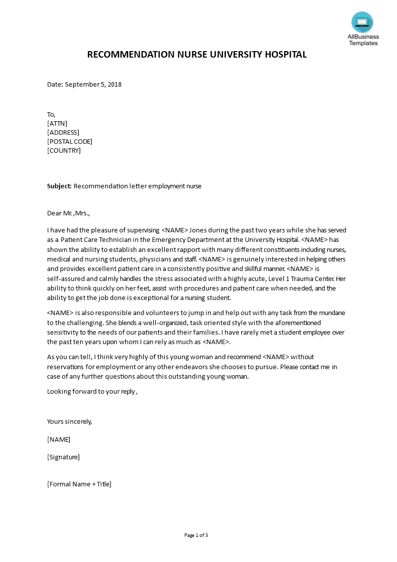 Nursing Letter Of Recommendation Template PDF Template