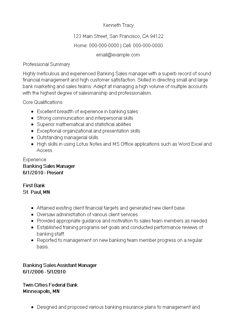  Banking Sales Manager Resume Allbusinesstemplates