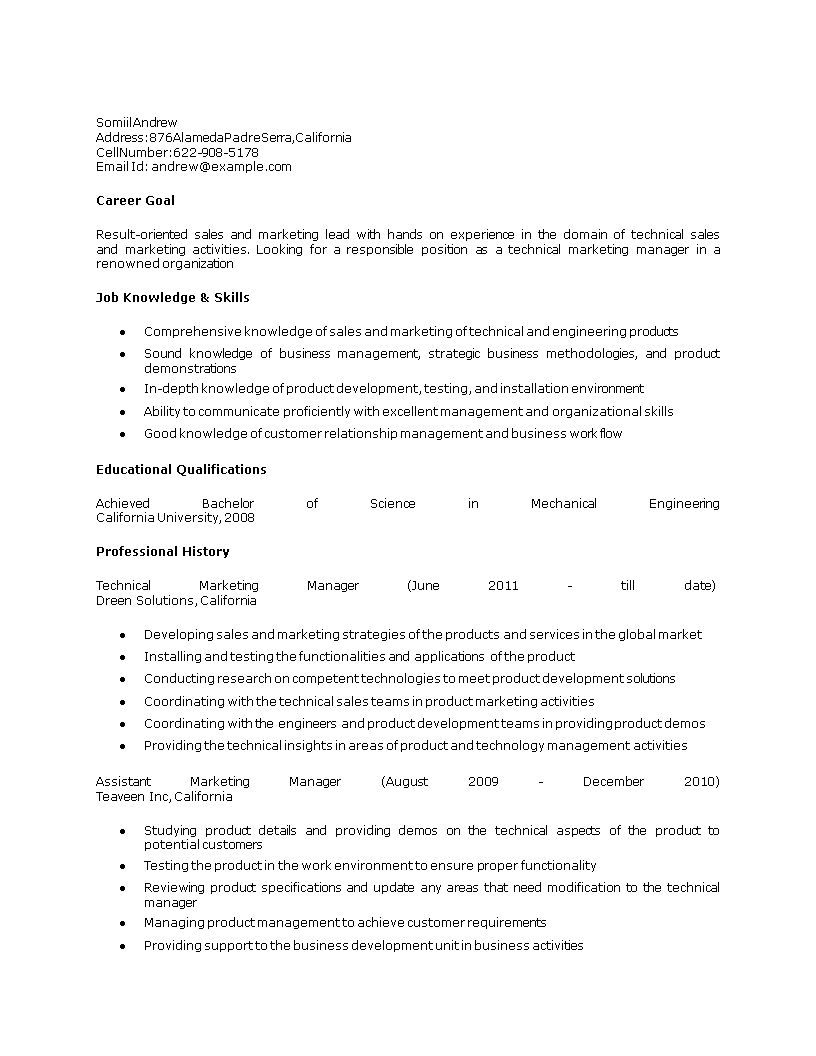 Technical Marketing Manager Resume Templates At Allbusinesstemplates