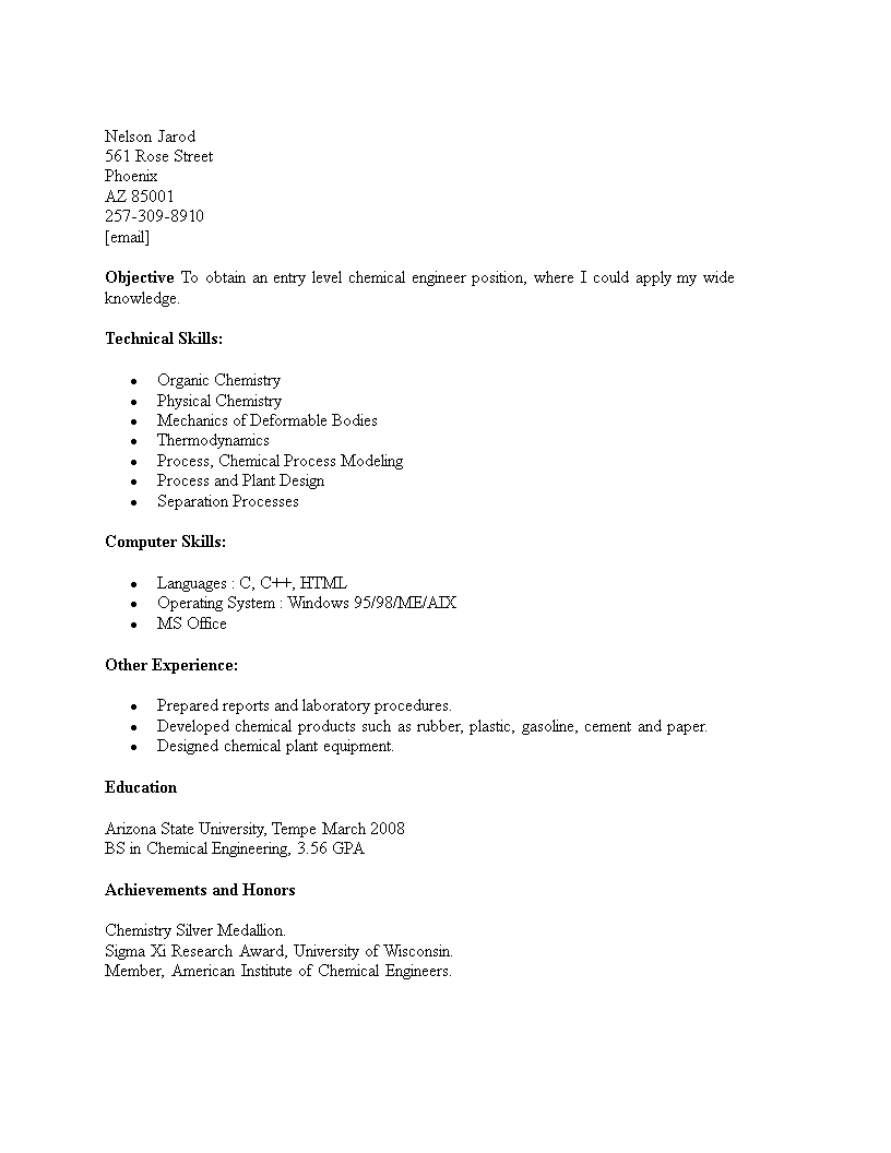entry level chemical engineering resume template modèles
