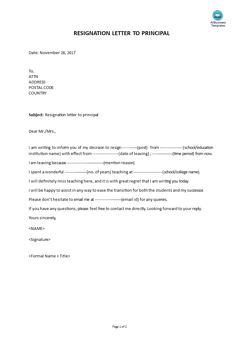 Resignation Letter To Principal