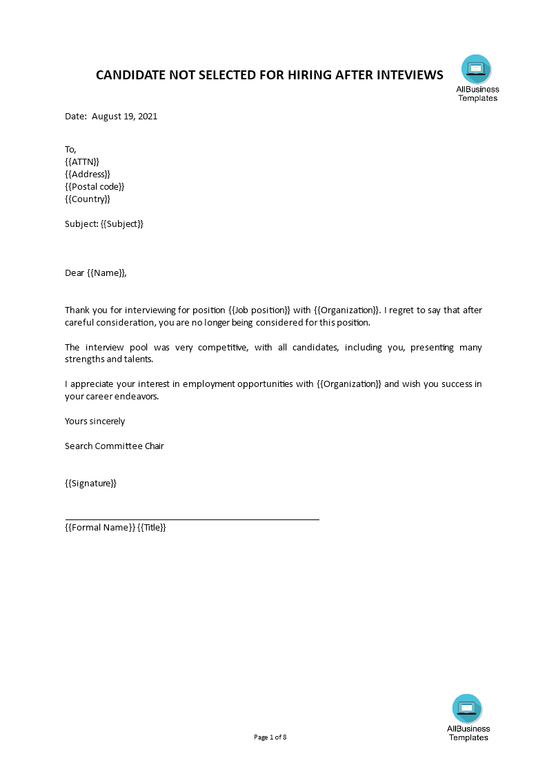 telecharger gratuit rejection letter to candidate