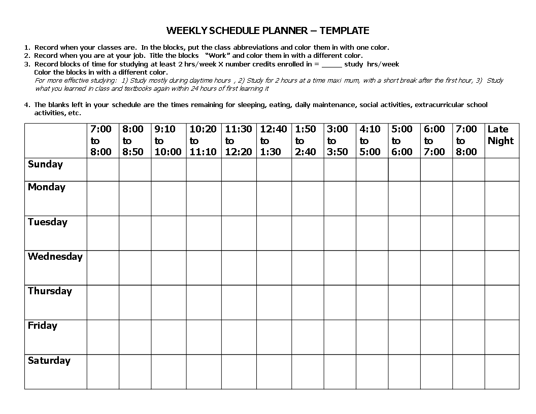 weekly schedule planner modèles