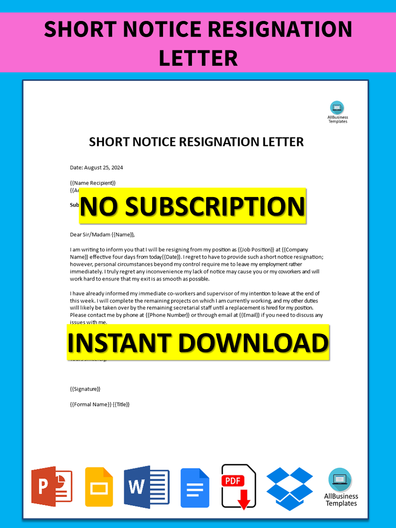 Short Notice Resignation Letter 模板