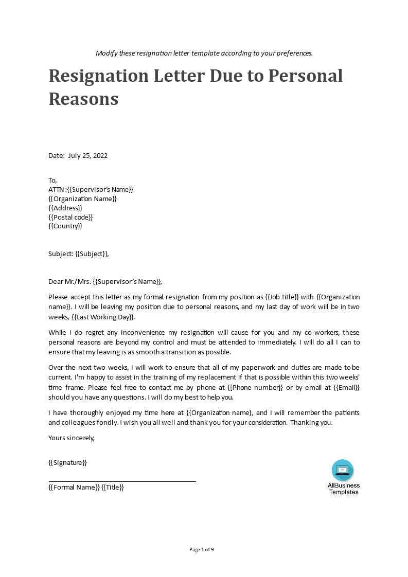 Gratis Due To Personal Reason Resignation Letter
