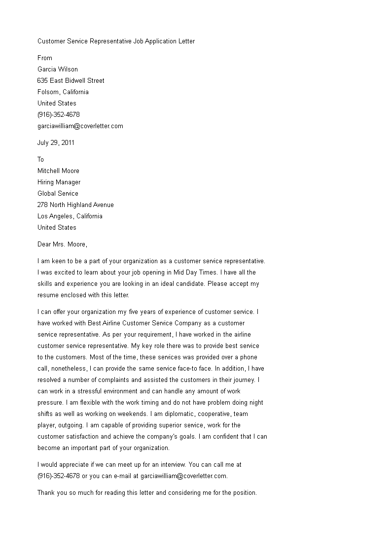 Customer Service Representative Job Application Letter Sample 