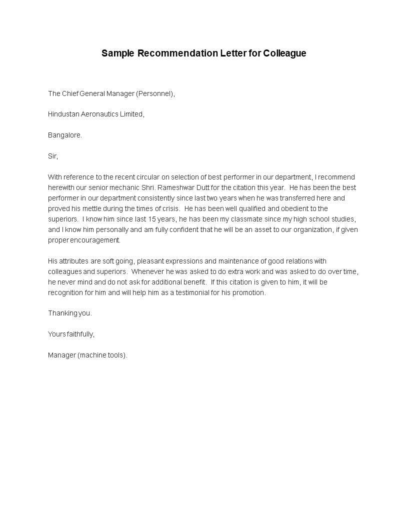 Recommendation Letter for Colleague | Templates at allbusinesstemplates.com