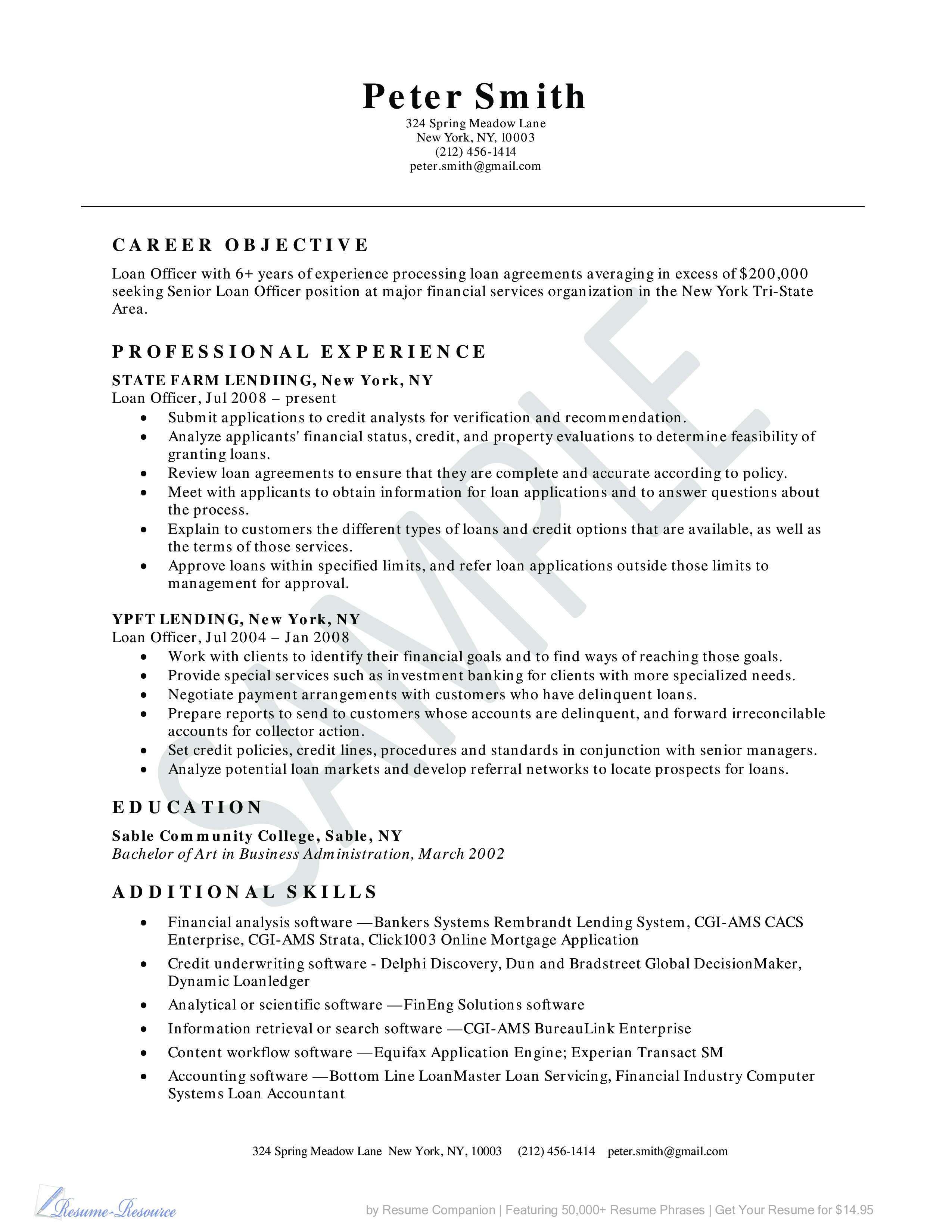  Loan Officer Resume Example Allbusinesstemplates