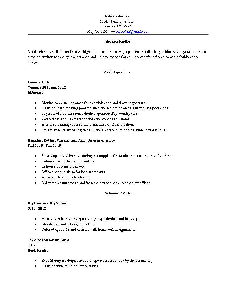 template for resume high school student