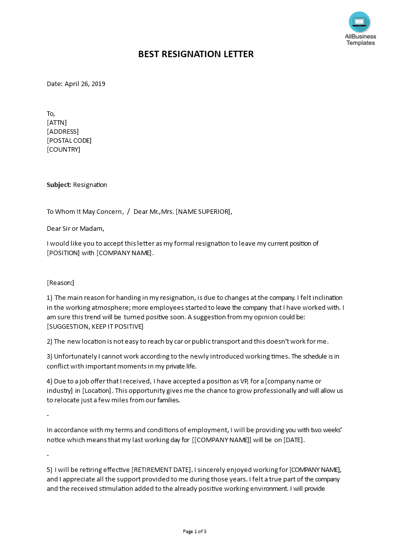 Resignation Letter To Boss