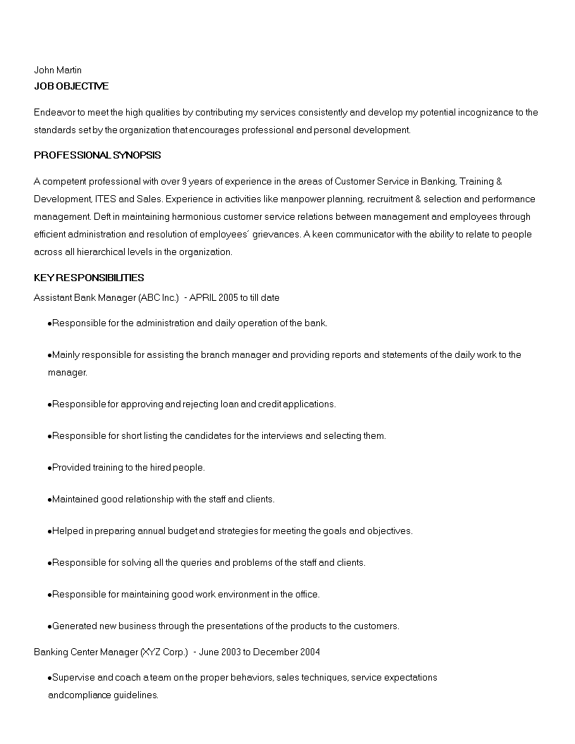  Assistant Banking Manager Resume Allbusinesstemplates