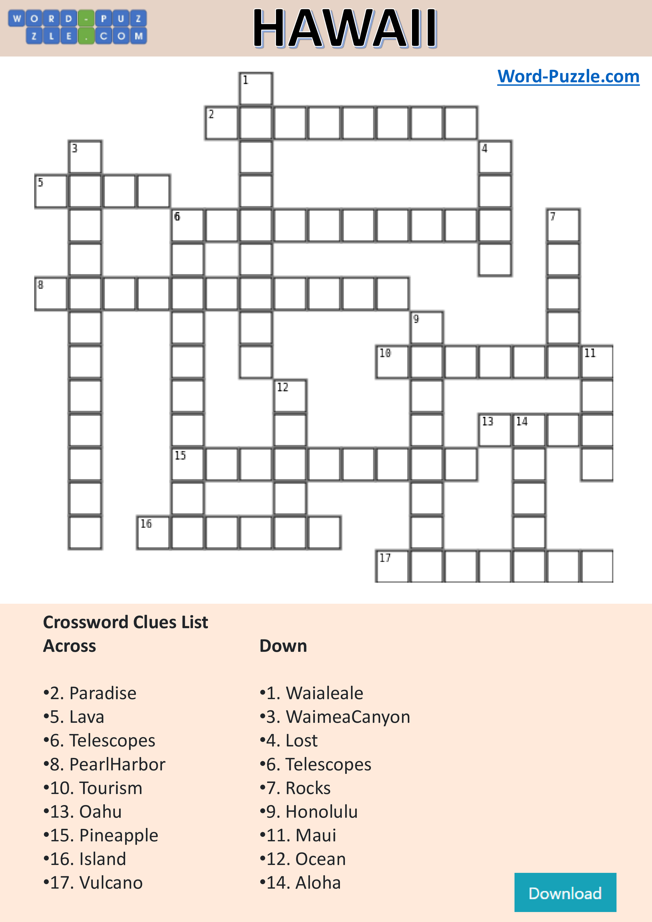 免费 Hawaii Crossword Puzzle 样本文件在 allbusinesstemplates com